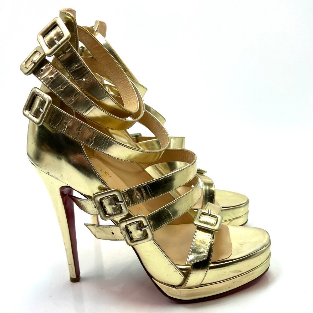 Christian Louboutin Gold Leather Strappy Buckle Sandals 39.5